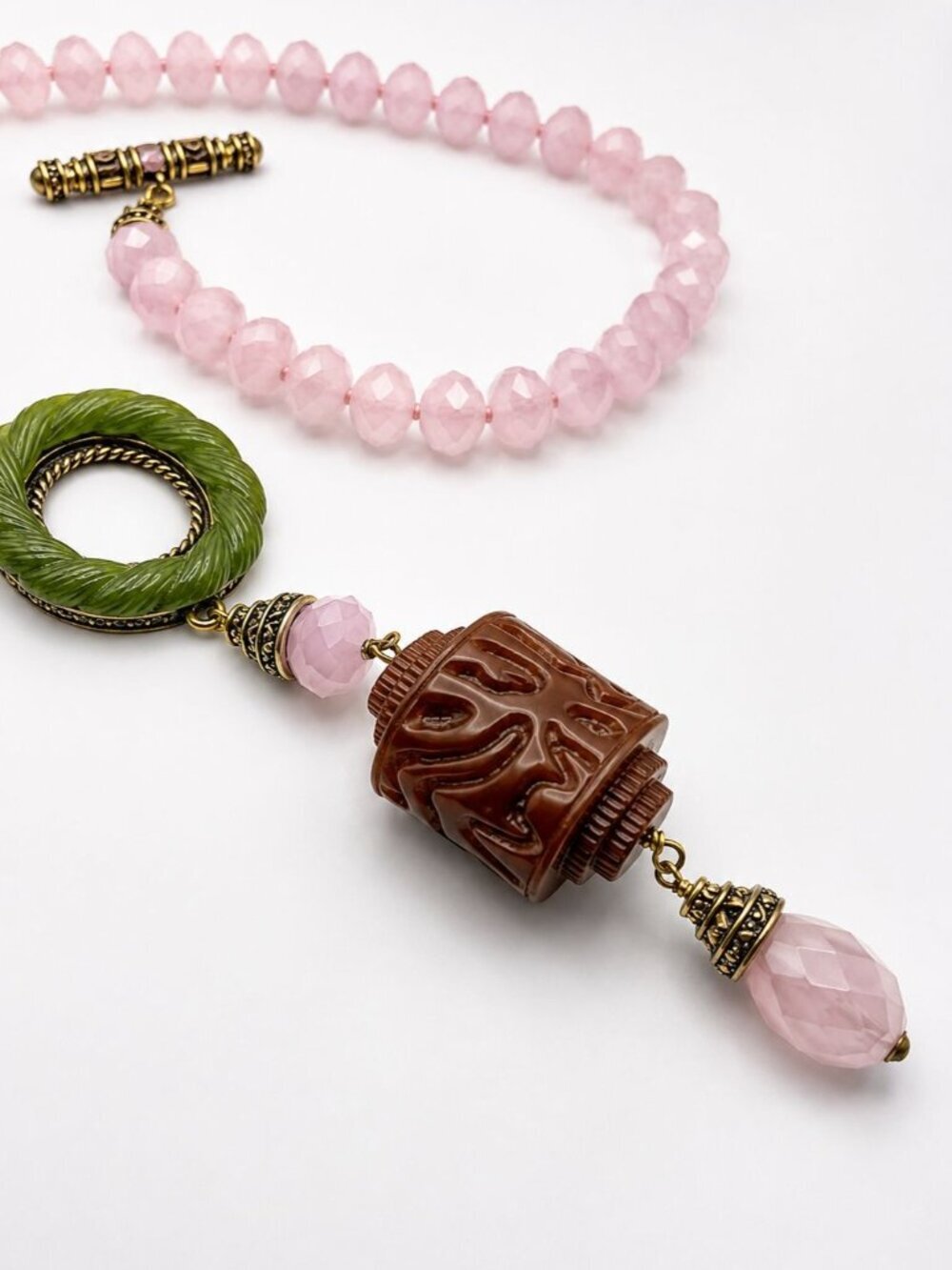 Heidi Daus Asian Inspired Rose Quartz Swarovski Crystal Toggle Necklace - Picture 5 of 8
